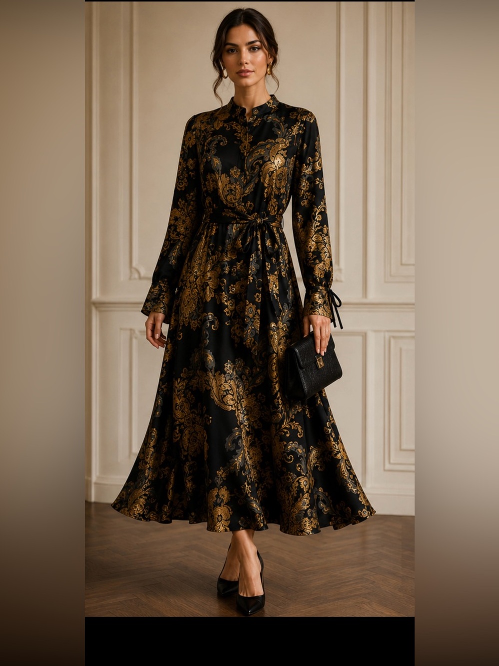 Lafayette 148 New York Black Gold Paisley Devore Long Belted Dress w/Tie Cuffs
